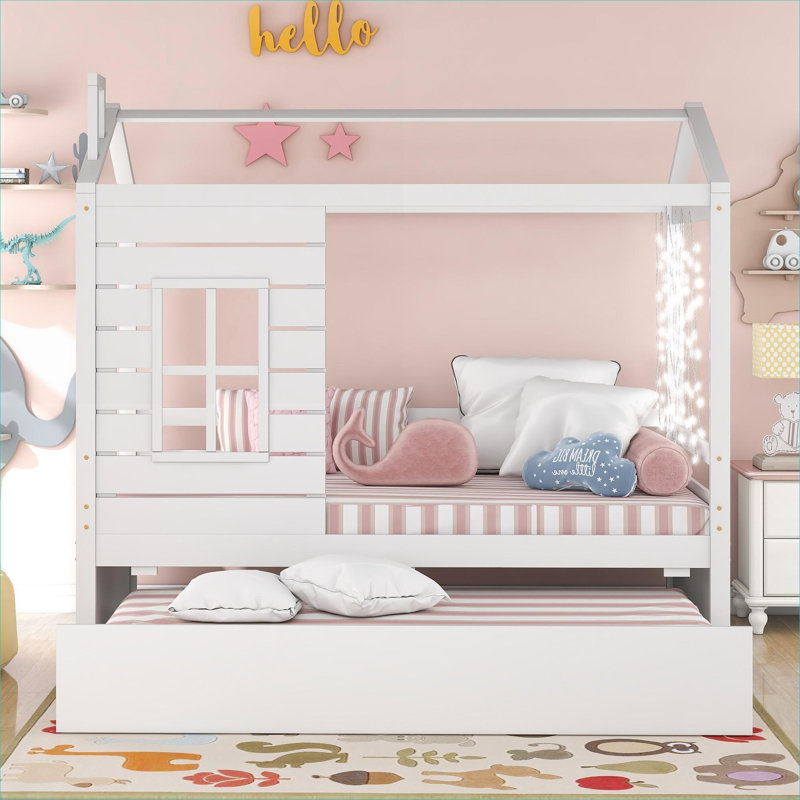 Lit plateforme simple blanc Clean, structure en bois massif avec lit gigogne simple pour chambre d'enfant