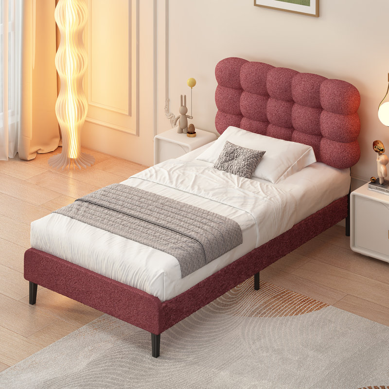 Aadi Upholstered Headboard, Platform Bed with Strong Wooden Slats Support, Two Bed Forms Design, Red, Twin