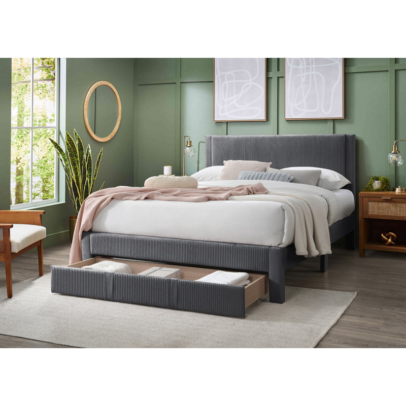 Cadre de lit plateforme contemporain en velours côtelé avec lit de rangement contemporain, Gris anthracite