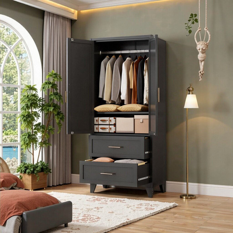71" Tall Black Metal Wardrobe Cabinet with 2 Drawers & Hanging Rod – Space-Saving Storage for Bedroom, Office & More