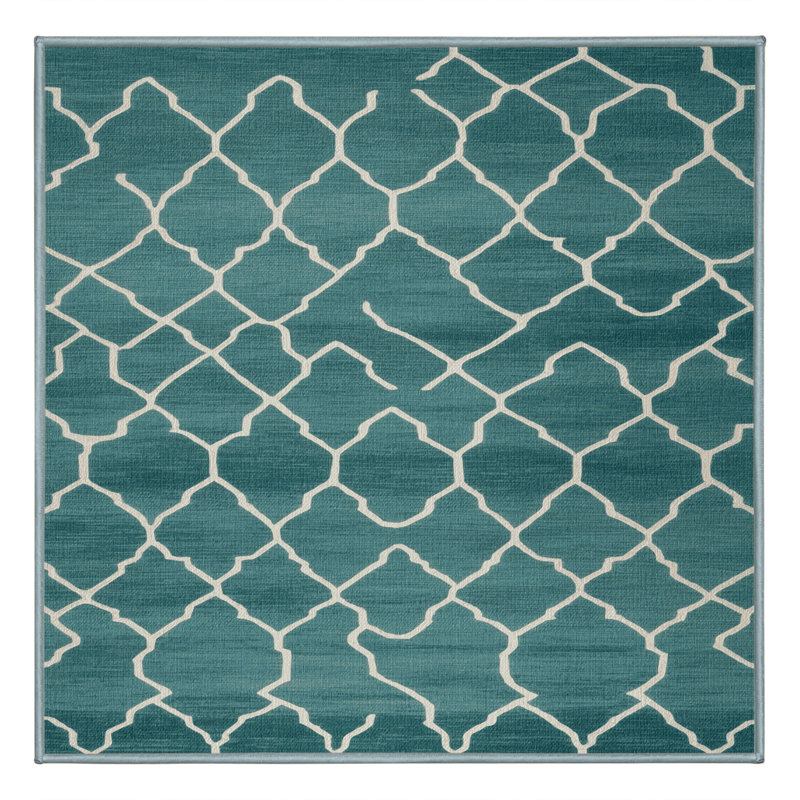 Machine Washable Trellis Blue Area Rug, Square 7'