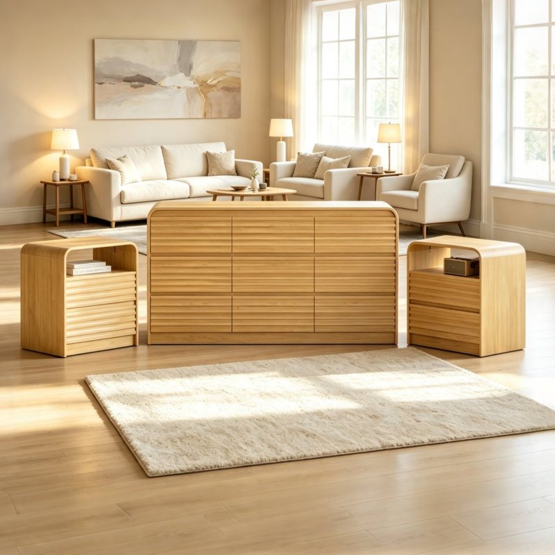 Ensemble de chambre à coucher 3 pièces avec commode 9 tiroirs et tables de chevet, Beige