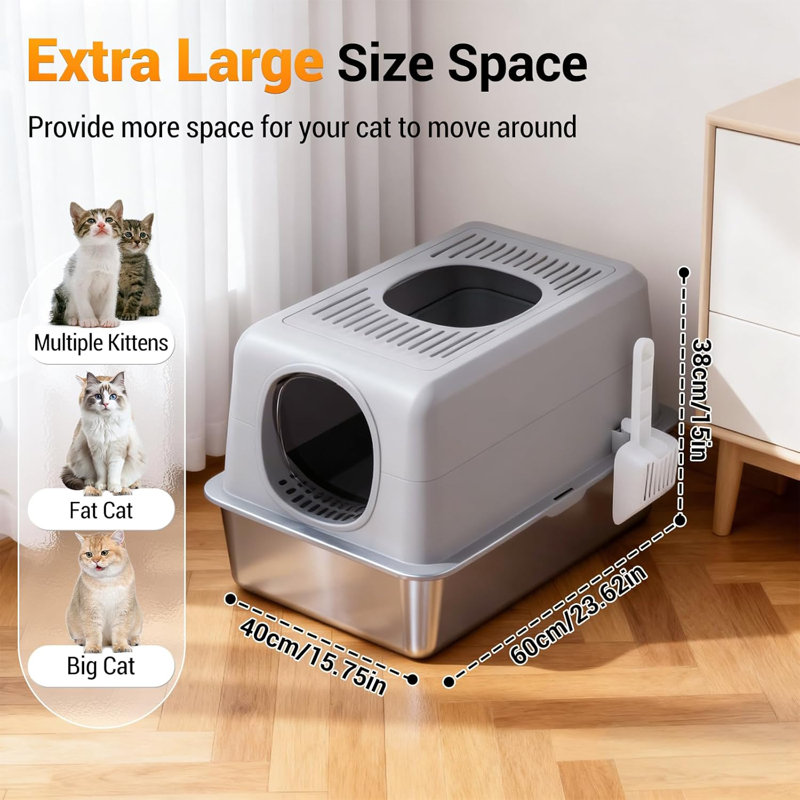 Bac à litière en acier inoxydable extra large pour bacs à chat pour chat avec couvercle anti-urine