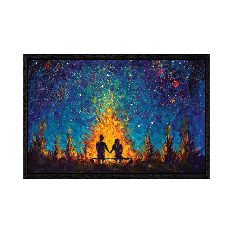 A Couple In Love Sitting On A Bench By The Night Fire And Looking At The Night Sky by Valery Rybakow - Painting on Canvas