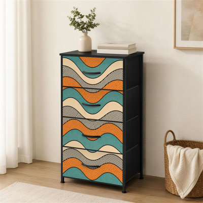 Commode 4 tiroirs pour chambre à coucher à rayures abstraites ondulées bleu sarcelle à rayures géométriques crème, rétro, petite et grande commode à vêtements pour commode avec commode