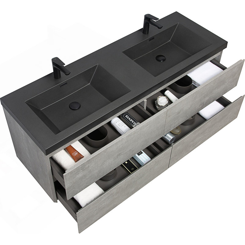 Meuble-lavabo de salle de bain mural moderne avec deux lavabos en quartz noir, 59"