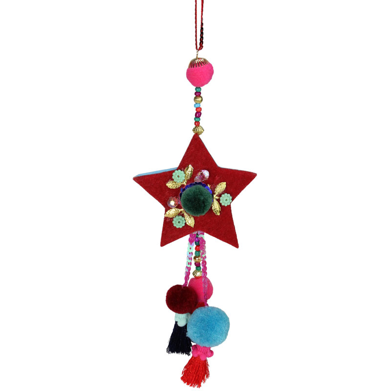 Ornement de Noël en forme d'étoile de Bohème rouge 9,5 "avec pompon