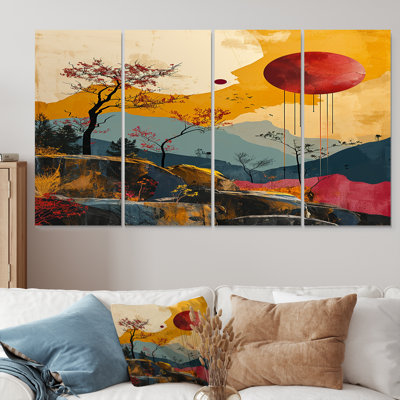 «Red Moon Mountain Retro Collage», art mural abstrait sur toile, 4 pièces