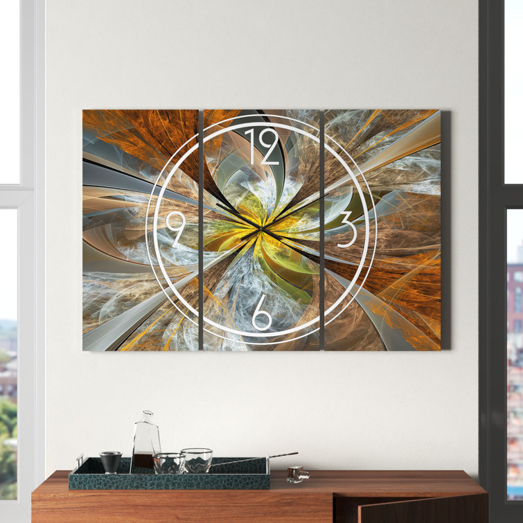 Symmetrical Yellow Fractal Flower - Modern wall clock