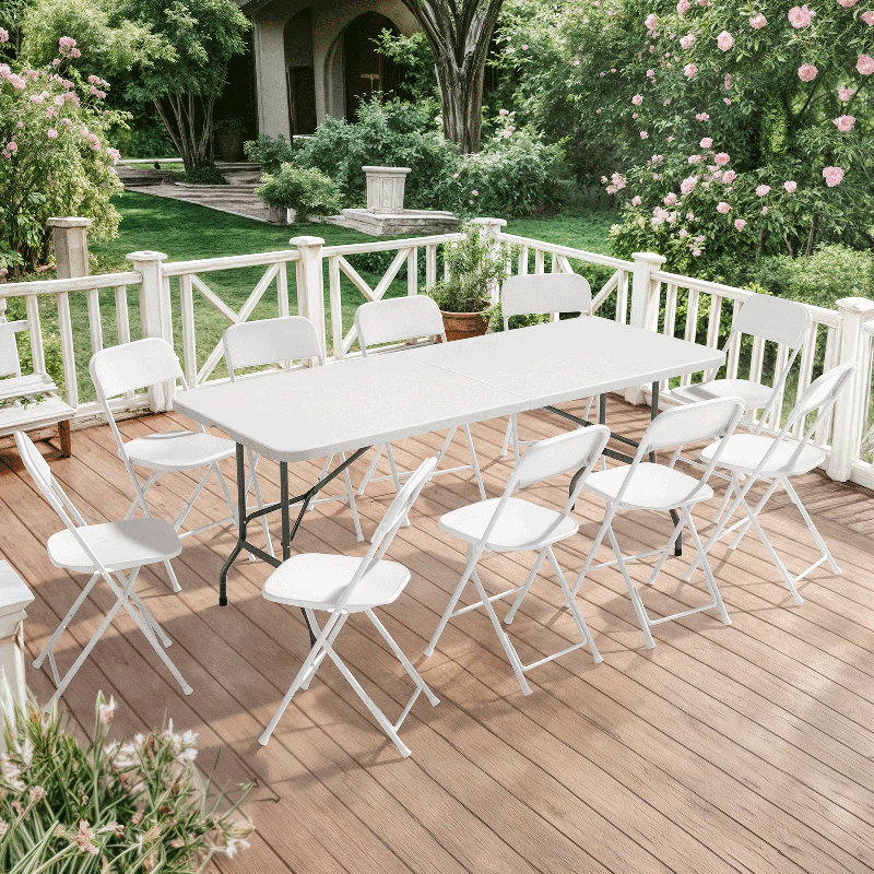 11-Piece Folding Table & 10 Red Chairs – Home/Commercial Picnic Set, White, 72" L