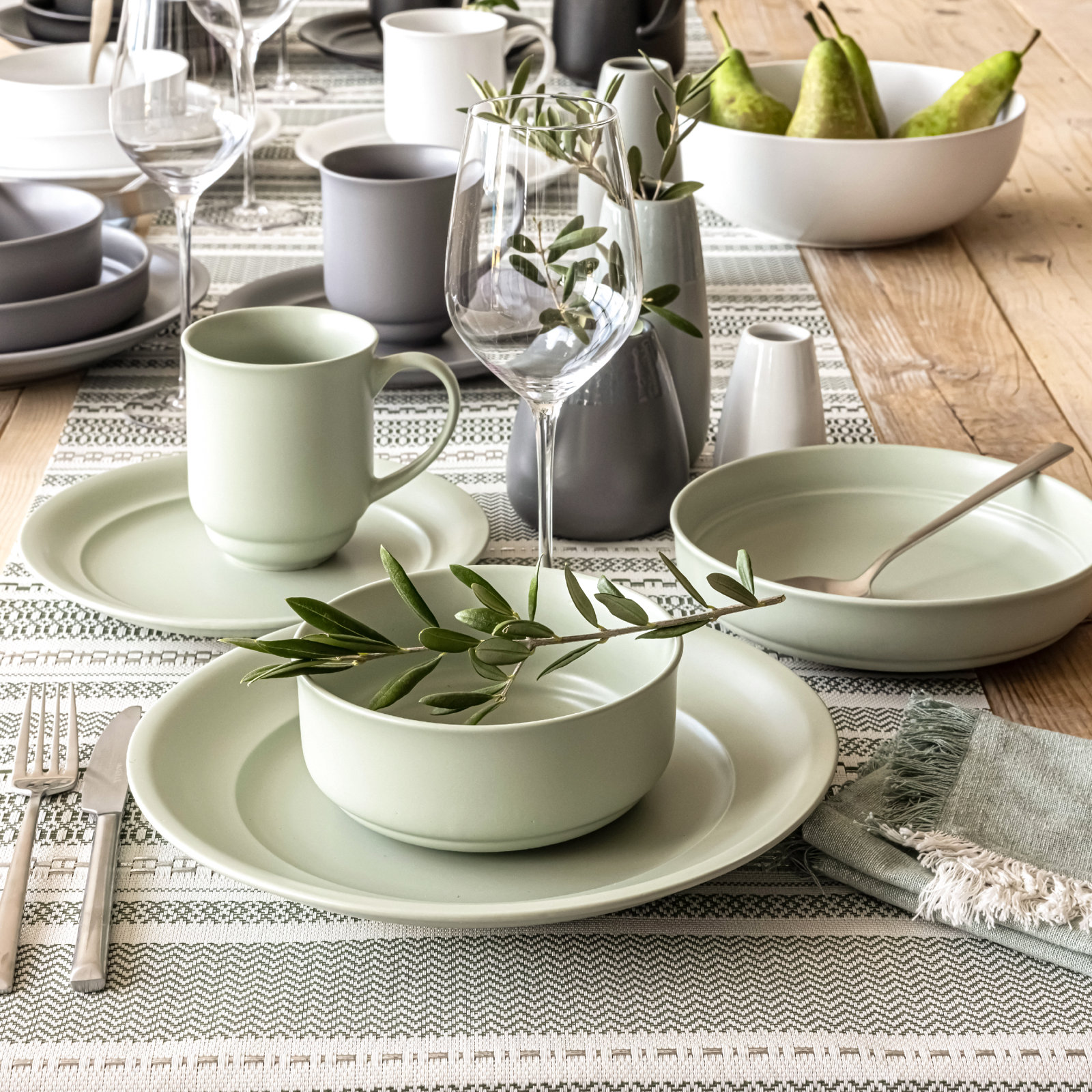 over&back Reversible Striped 90" Table Runner, White/Green