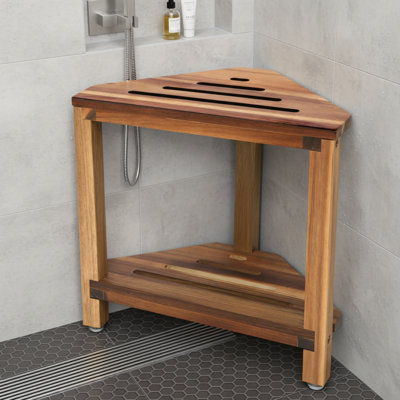 Acacia Wood Multi-Functional Shower Stool, Corner Style With Storage Rack, Leg Warmer, Bathtub Seat, Suitable For Small Spaces, Brown.