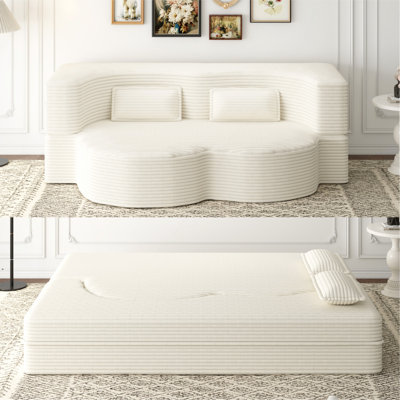 15" Full Size Folding Mattress for Living Room, Modern Floor Sofa featuring 2 Pillows, Convertible Plush Corduroy Foam-Filled Sleeper Sofa Bed,Guest Bed, no assembly required, Beige/White