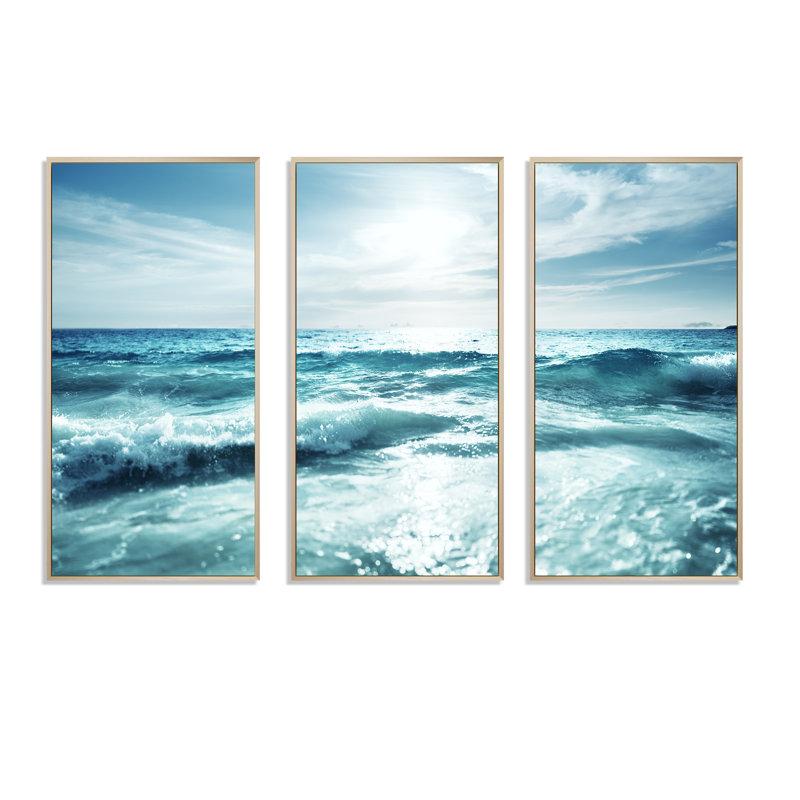 Seychelles Beach At Sunset - Sea & Shore, ensemble de 3 toiles murales encadrées, H 28 po x l 36 po, Cadre brun