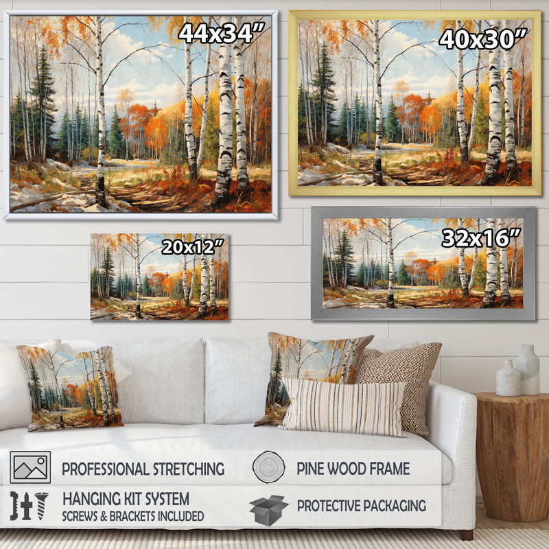 Bouleau saisonnier en bois de bouleau II - art mural grand bouleau, Encadrement doré, H 34 po x l 44 po x P 1,5 po