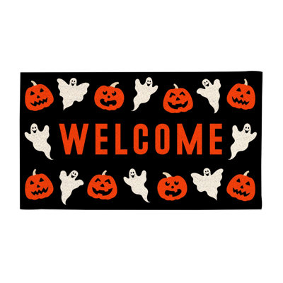 Harnek Pumpkins and Ghosts Black Halloween Indoor/Outdoor Welcome Doormat