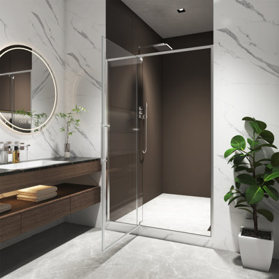 Porte de douche à pivot 44 x 48 po x H 74 po, ouverte à l'extérieur, arrêt à 105 degrés, avec finition en verre trempé nickel brossé 5/16 po