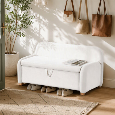 Banc de 55 po avec repose-pieds en fausse peau de mouton, rangement pour dossier blanc, chambre à coucher au bout du lit