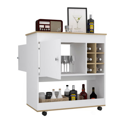 Bar Cart Aloha, Lower Panel, Six Bottle Cubbies, One Cabinet, Light Oak / White Finish