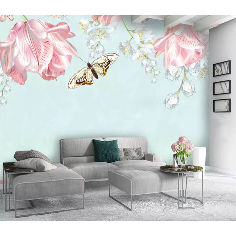 Pink Flowers Yellow Butterfly Classical Removable Textured Wallpaper, 112" W x 75" L