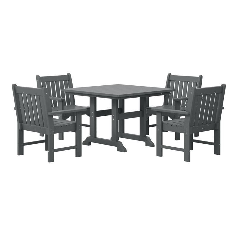 Laguna Poly 5-Piece Square Table Garden Arm Chair Dining Set, Gray
