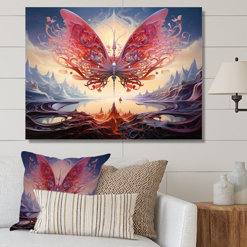 Papillon rose majestueux et futuriste, H 12 po x l 20 po x P 1 po, Toile tendue