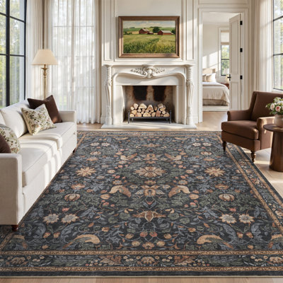 Tapis lavable doux antidérapant à motif floral rétro pour le salon, la chambre à coucher gris anthracite et vert sauge
