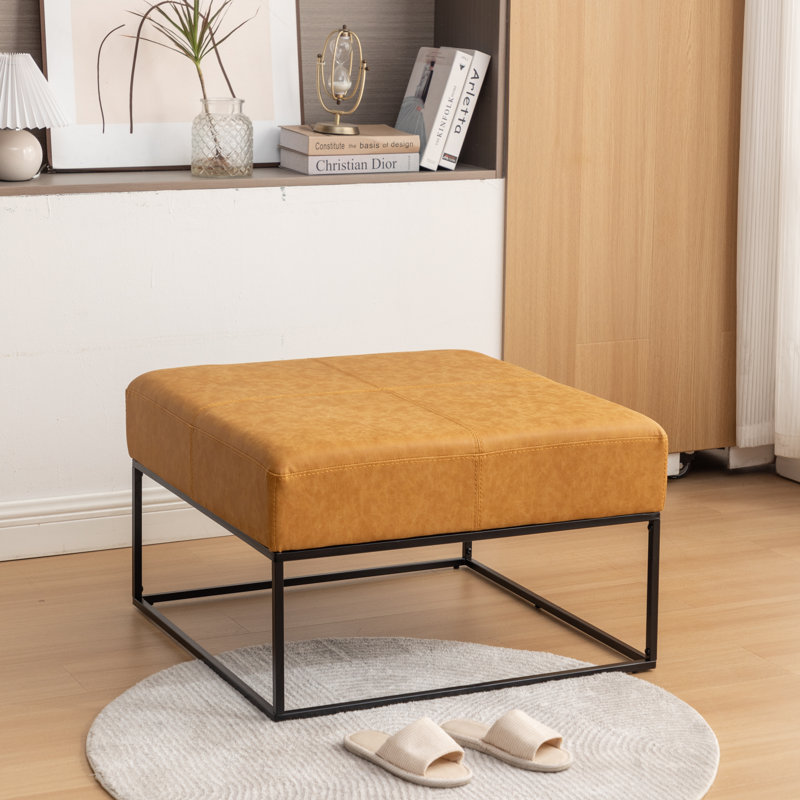 Cattibrie Leather Upholstered Square Ottoman, Yellow Faux Leather