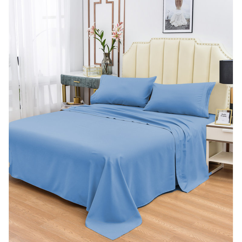  Ensemble de draps 1800 fils en rayonne de bambou, Bleu, Très grand