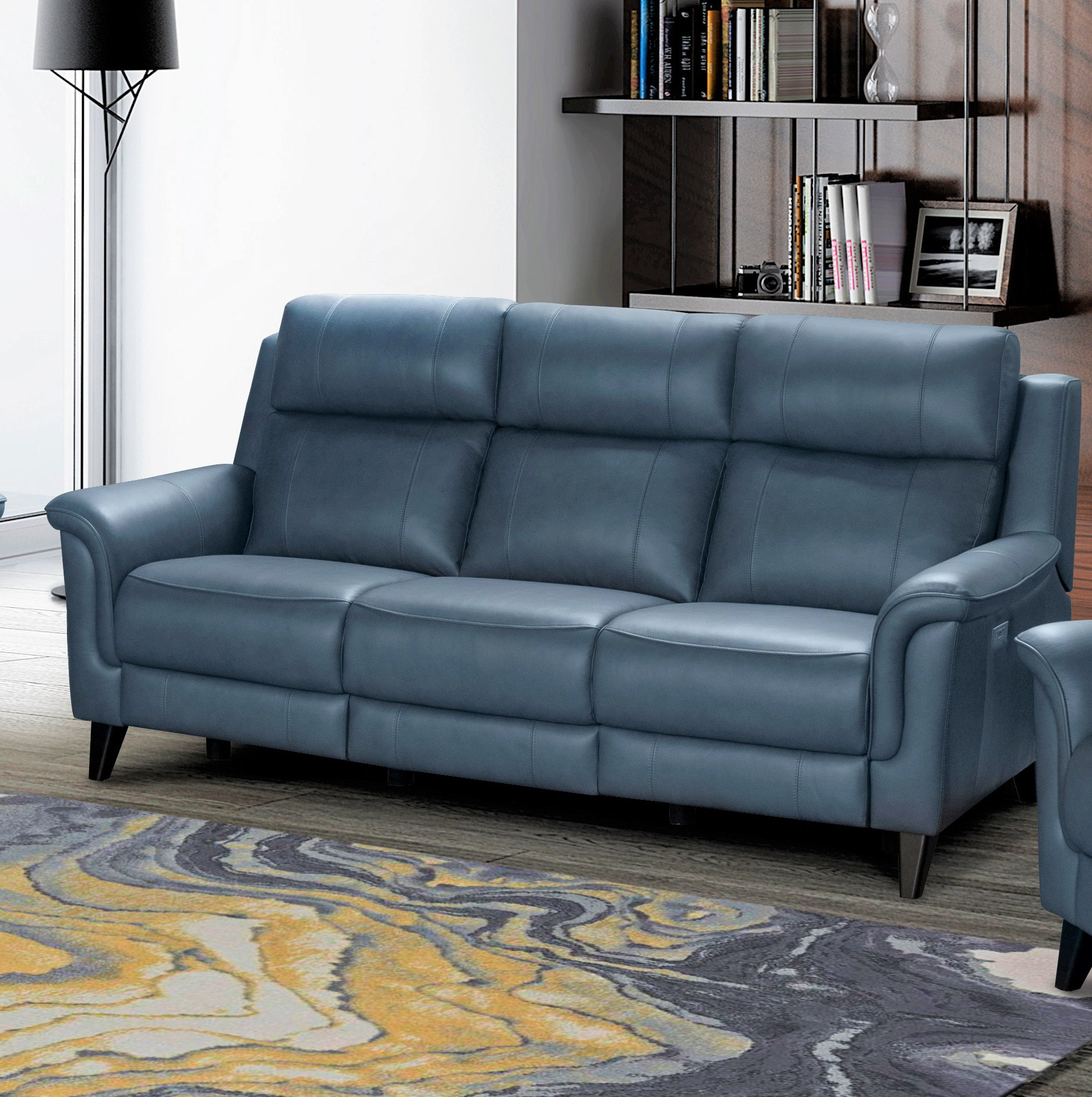 Modern 84.3'' Leather Reclining Sofa by Orren Ellis in Masen Bluegray, image size:1875x1883
