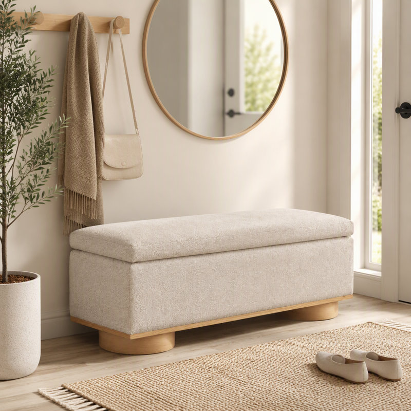 Repose-pieds de 50 po avec banc de rangement rembourré moderne avec rangement intérieur, tissu avoine, banc de bout de lit pour la chambre à coucher et le salon