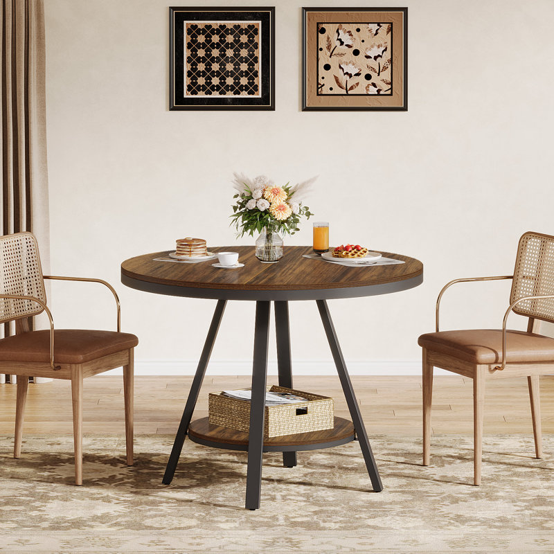 Small Round Dining Table for 2-4 People, 2-Tier Industrial Kitchen Dinner Table with Sturdy Metal Leg, 35-Inch Circle Kitchen & Dining Room Furniture, Rustic Brown
