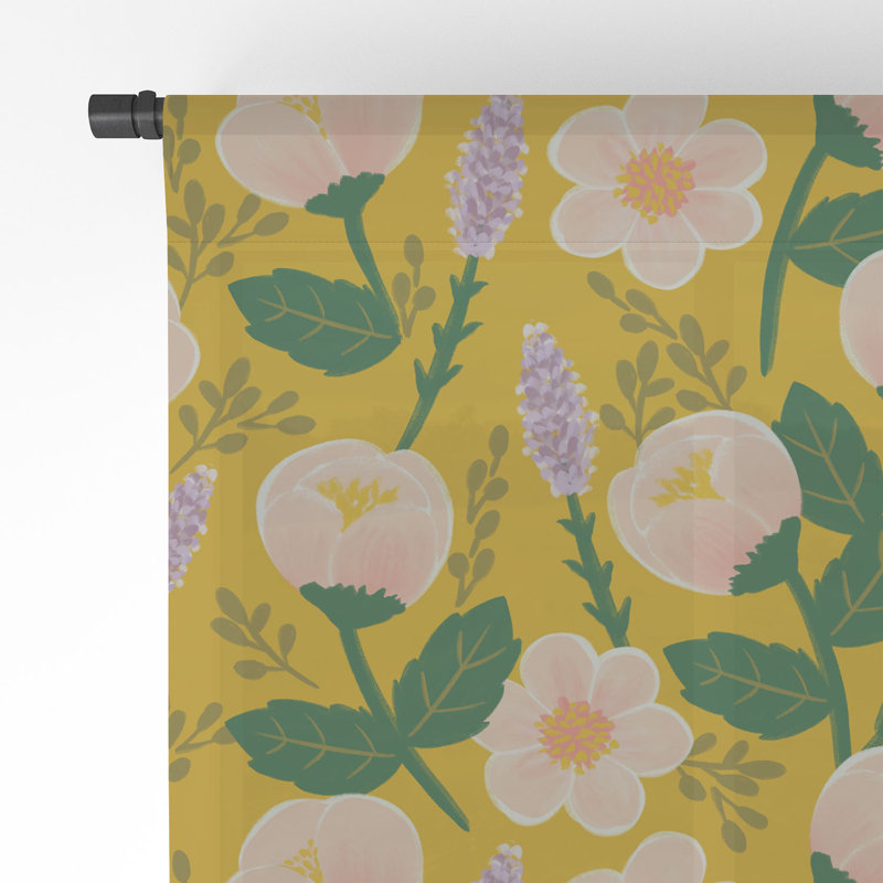 Hello Sayang Lovely Roses Grey 1pc Sheer Window Curtain Panel, 50" x 84", Yellow