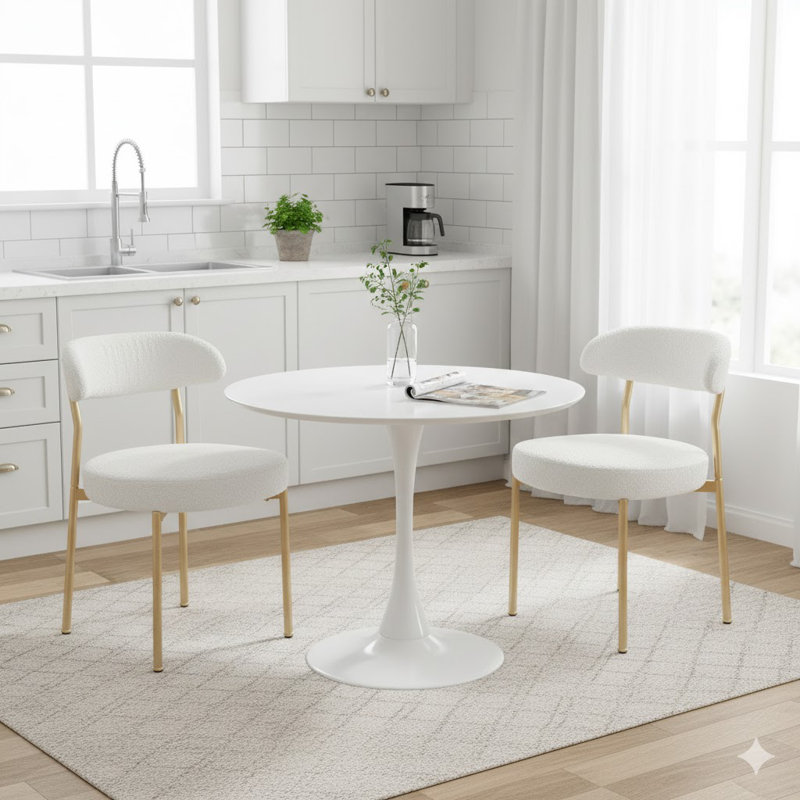 Ensemble de table de salle à manger rond avec 2 chaises, Blanc, Blanc / Doré