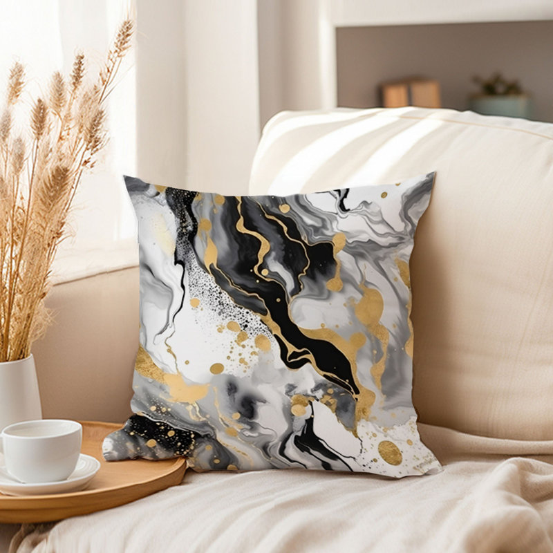 Animals William Morris Birds Damask Pattern I Cottage, 18" H x 18" W, Abstract Black & Gold Strokes II Modern