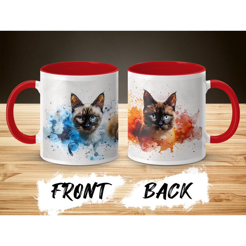 Cat Design 11oz Accent Mug – White Ceramic Coffee Cup with Colored Handle and Interior, Red, 3