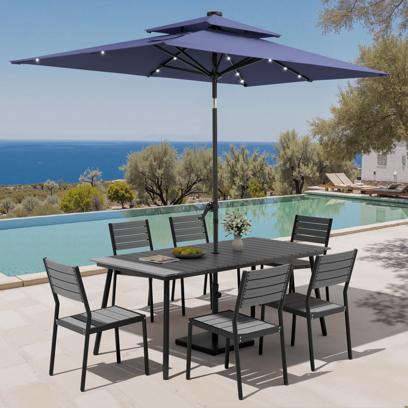 Ensemble de salle à manger en aluminium pour 6 personnes avec chaises empilables, parasol solaire à DEL et base lestée, Navy