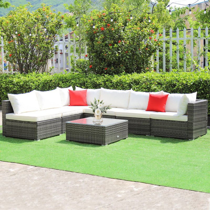 Minooka Wicker 6 - Person Patio Conversation Set with Cushions, Off-White/Red