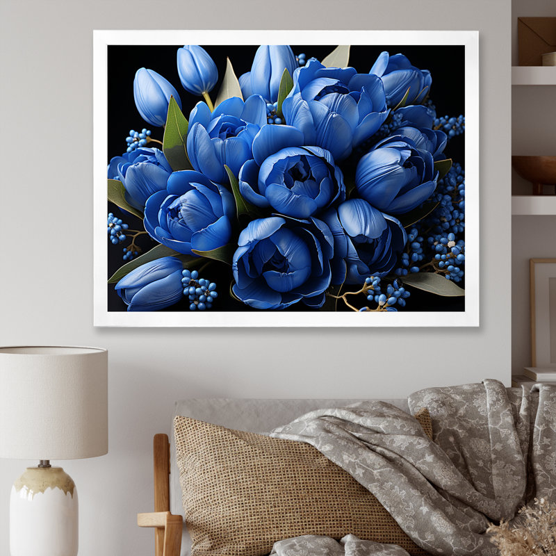 " Azure Blue Tulips Bloom ", White Single Picture Framed, 16" H x 32" W x 1" D