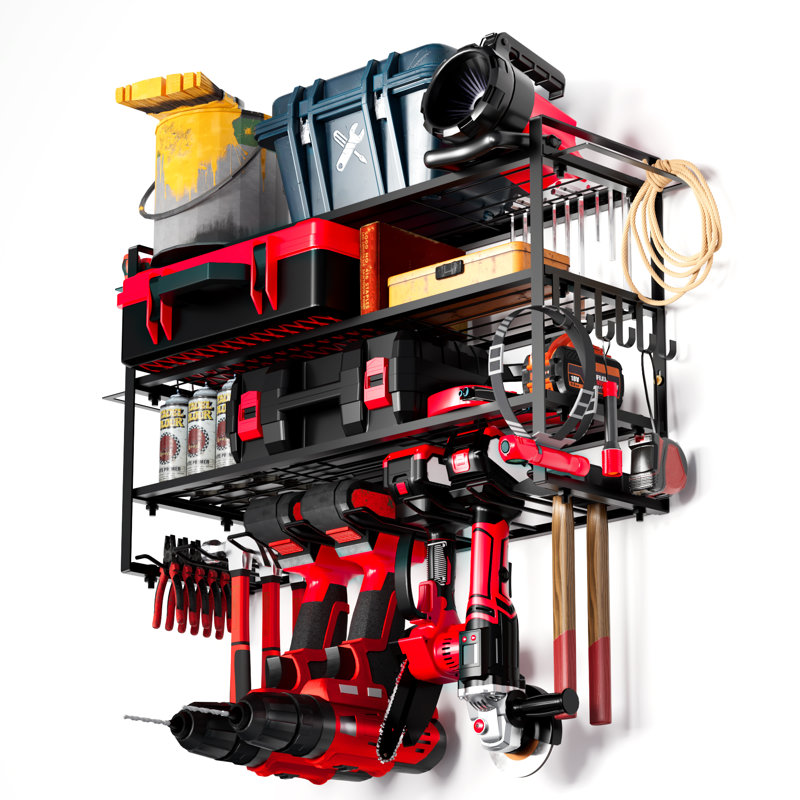 Rangement pour outils électriques 4 couches - support à outils avec 7 supports de perceuse, support mural pour perceuse robuste, rangement pour outils de jardin, tablettes de rangement pour garage, maison, atelier