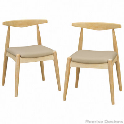 Set Of 2 Rubberwood Dining Chairs, Ergonomic Backrest  Faux Leather Upholstery, Natural+Light Gray