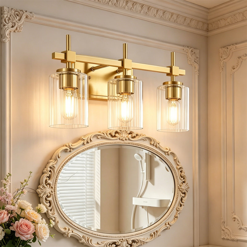 Luminaire de salle de bain 3 lumières, applique murale linéaire moderne avec abat-jour en verre nervuré transparent, luminaire mural contemporain pour couloir de chambre à coucher à miroir