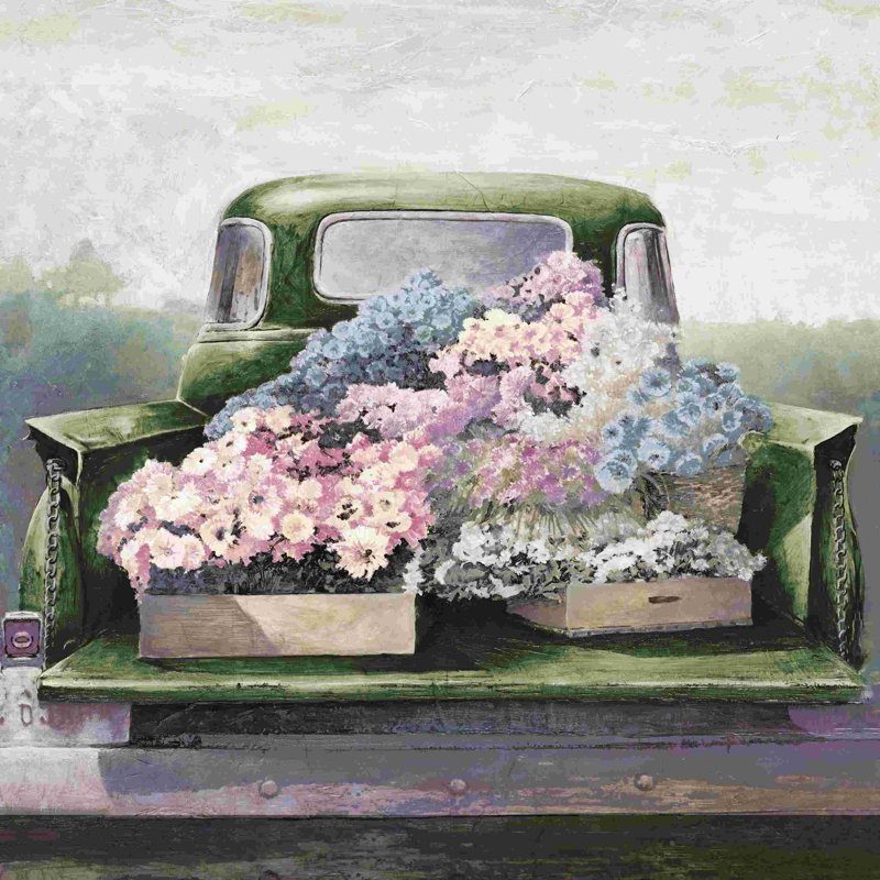 Vieux camion vert avec des fleurs, H 20 po x l 20 po