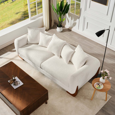 Canapé 3 places moderne et élégant avec pieds en bois et 5 coussins confortables en laine d'agneau