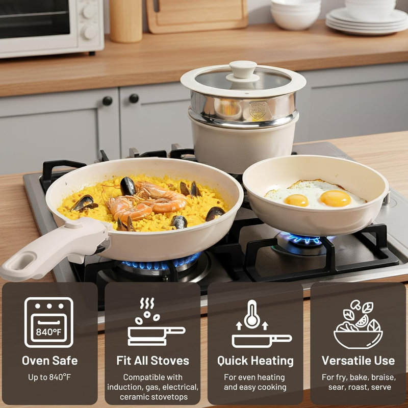 Batterie de cuisine en céramique à poignée amovible 25 pièces, ensemble de casseroles et poêles antiadhésives saines empilables pour camping-car, prêt pour l'induction, va au four et lave-vaisselle
