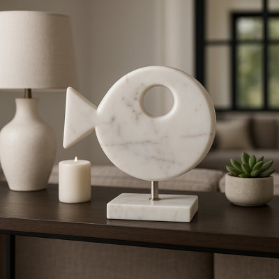 Stylish Marble Fish Figurine - Decorative Objects Sculpture For Home Decor - Artistic Modern Statue For Entry, Office, And Console Table - 10", White