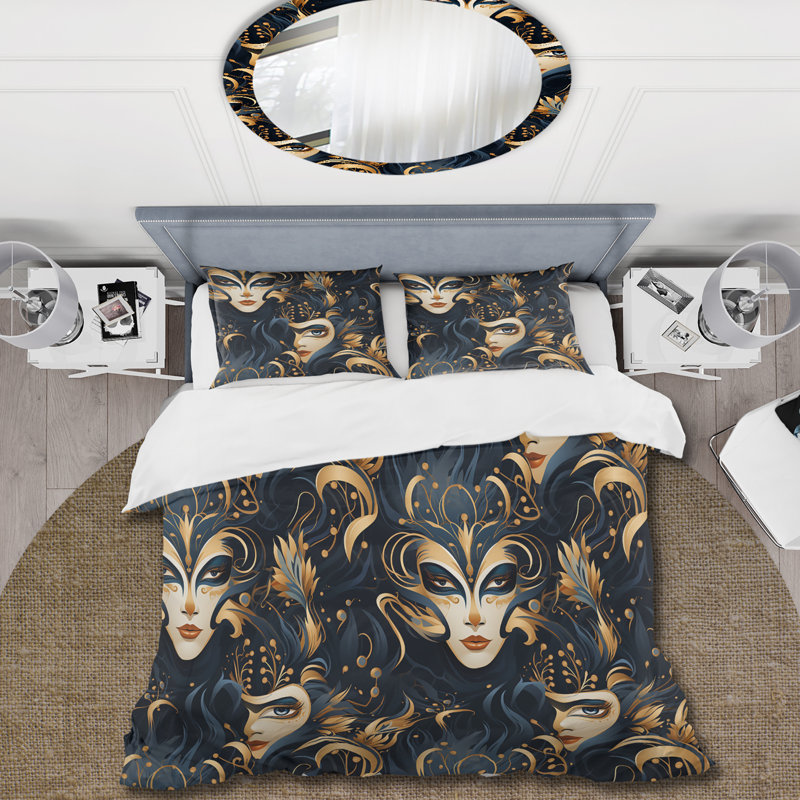 Gold Pattern Venice Masquerade Duvet Cover, King Duvet Cover + 2 King Shams