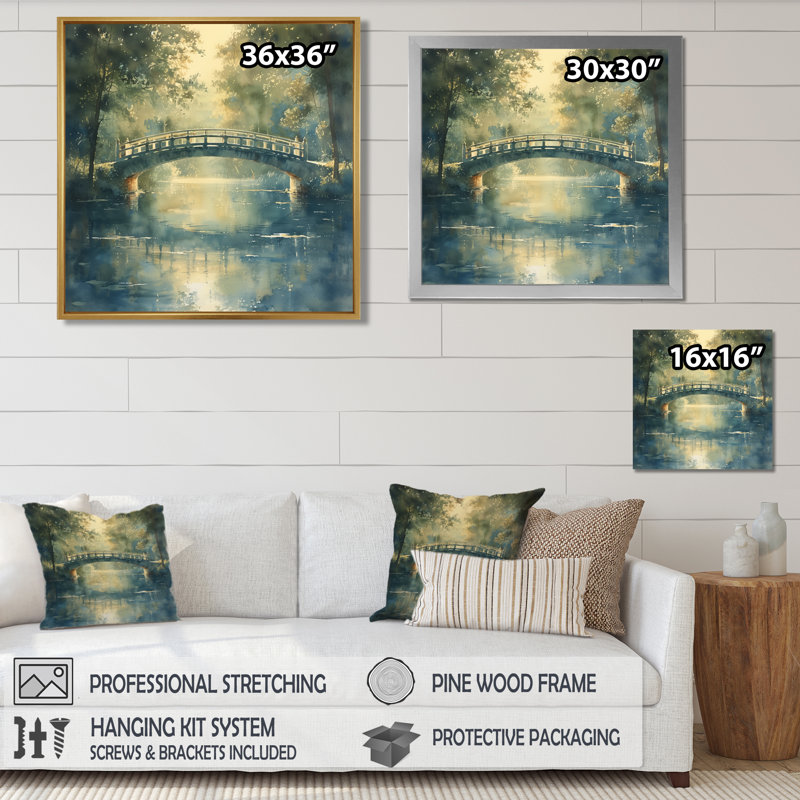 «Green Beige River Crossing Park Bridge I», art mural, Toile avec cadre flottant brun, H 16 po x l 16 po x P 1 po