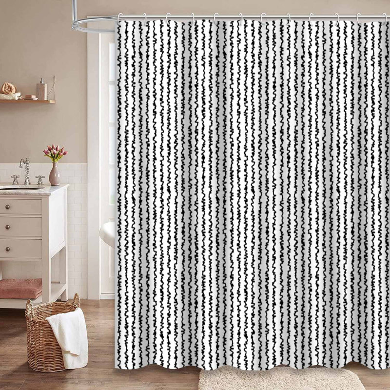 Black Abstract Fabric Aged White Shower Curtain with 12 Hooks, 72" L x 72" W