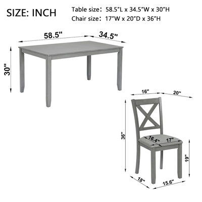 7-Piece Solid Wood Dining Table and Chairs Set, Modern 58.5 Inch Table with 6 Padded Chairs (X-Back Style) for Kitchen, Dining Room, Grey